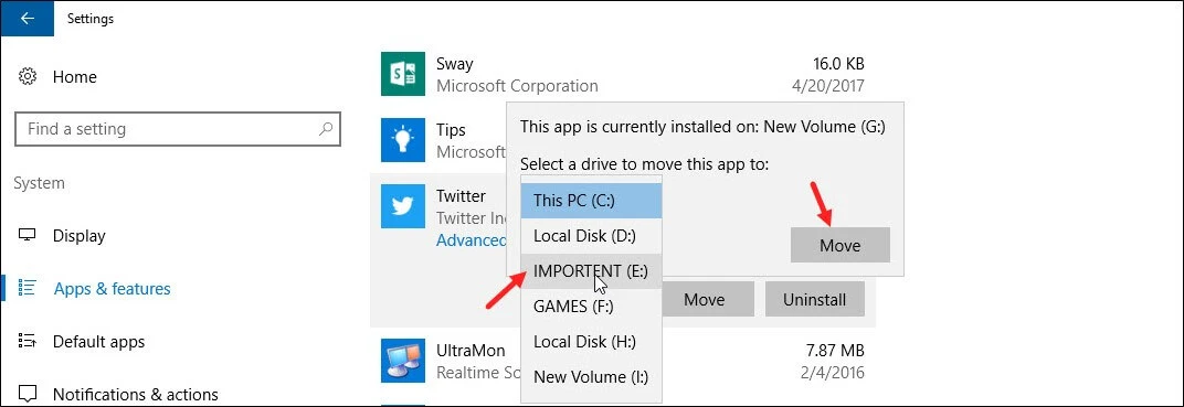 Install Move Apps Another Drive Windows 10
